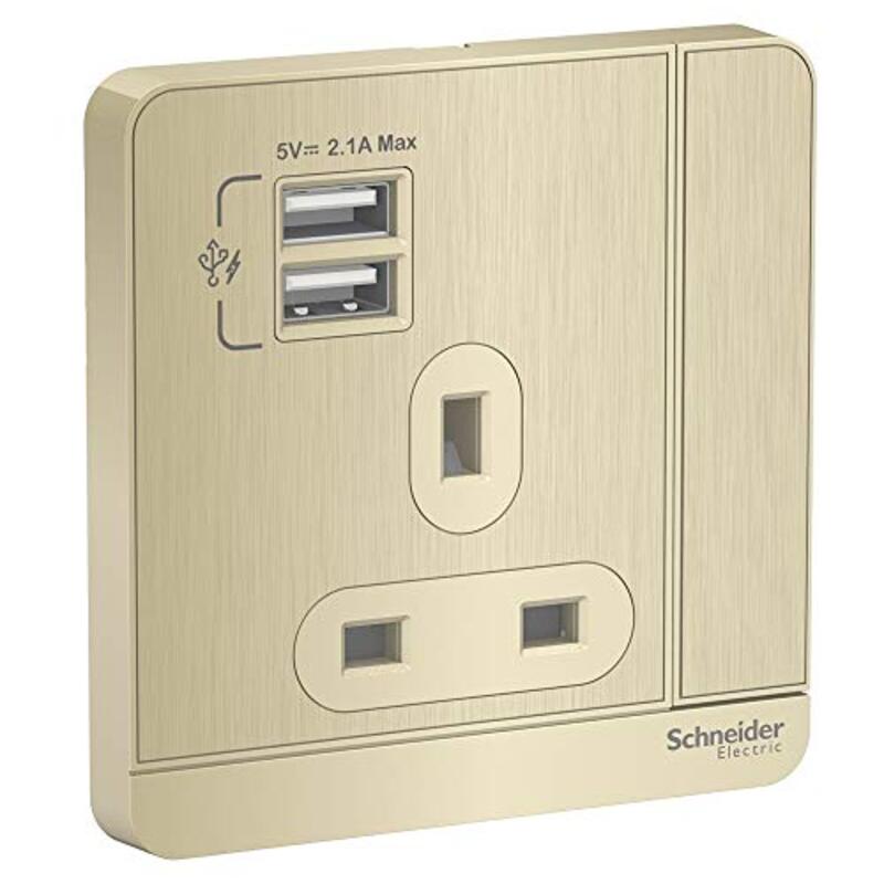 Schneider Electric AvatarOn E8315USB_GH_G12 Switched Socket 2 USB Charger 3P, 13A, 250V, Metal Gold Hairline - Pack of 5