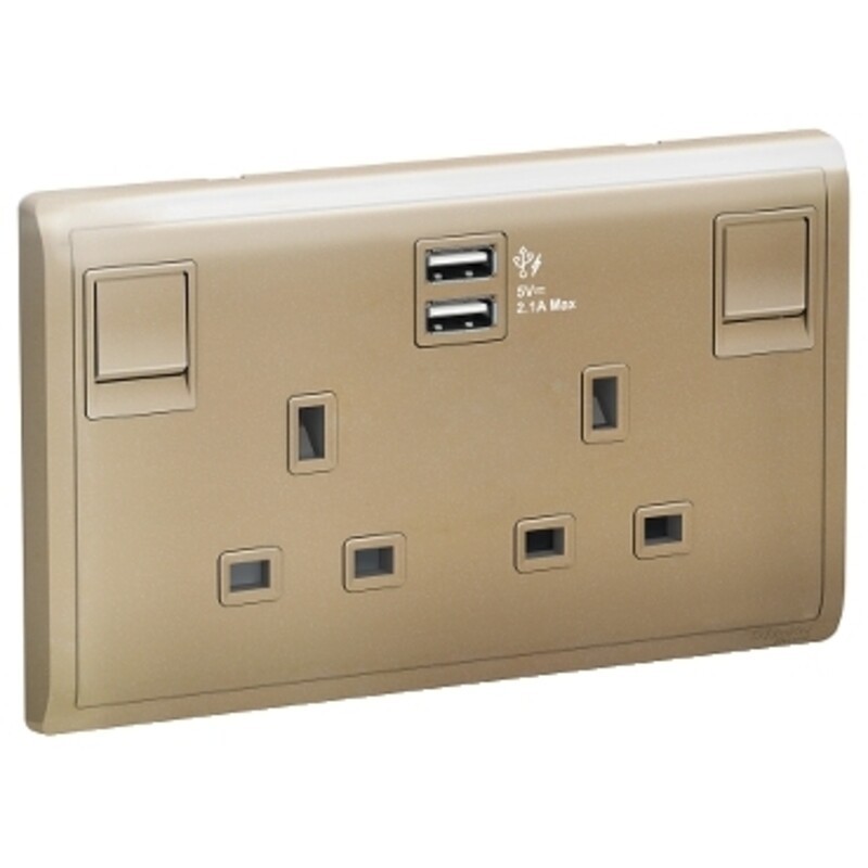 

Schneider Electric Pieno - 13A Twin Gang Switched Socket with 2.1A USB, Wine Gold (Model Number - E82T25USB_WG_G12)