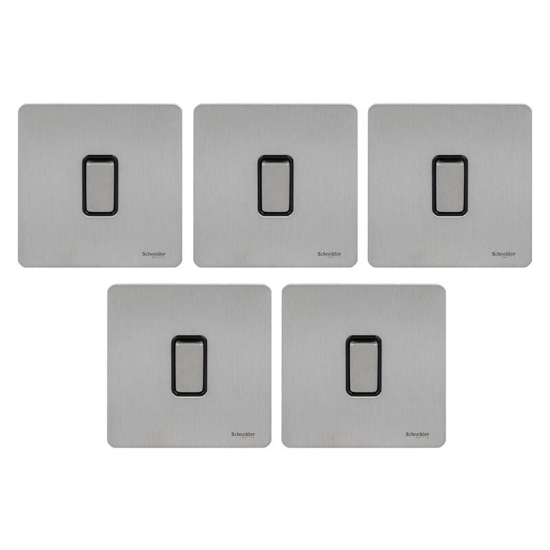 Schneider Electric GU1412BSS 1 Gang Ultimate Screwless Rocker Flat Plate Switch, Stainless Steel with Black Interior - Pack of 5