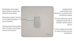 Schneider Electric Ultimate Screwless Flat Plate - Single Retractive 2 Way Light Switch, 16AX, GU1412RWPN, Pearl Nickel with White Insert - Pack of 3