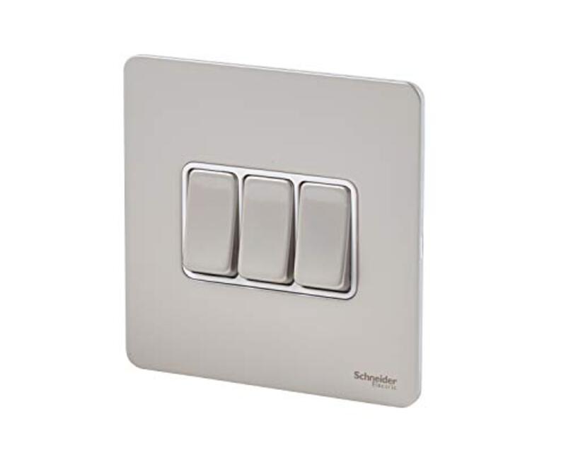 Schneider Electric Ultimate Screwless Flat Plate - 3 Gang Toggle 2 Way Light Switch, Single Pole, 16AX, GU1432WPN, Pearl Nickel with White Insert - Pack of 3