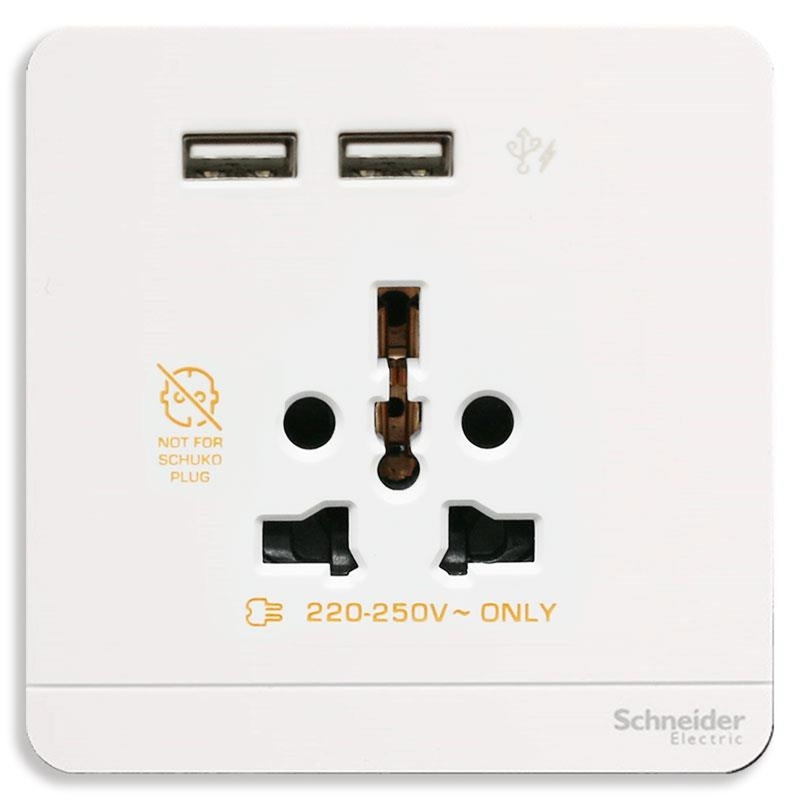 Schneider Electric AvatarOn, USB charger + 2 socket-outlet, 2P, 16A, White (Model Number-E8342616USB_WE)