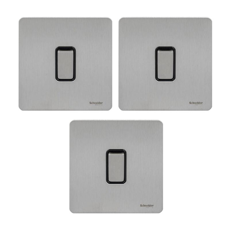 Schneider Electric Ultimate Screwless Flat Plate - Single Retractive 2 Way Light Switch, 16AX, GU1412RBSS, Stainless Steel with Black Insert - Pack of 3