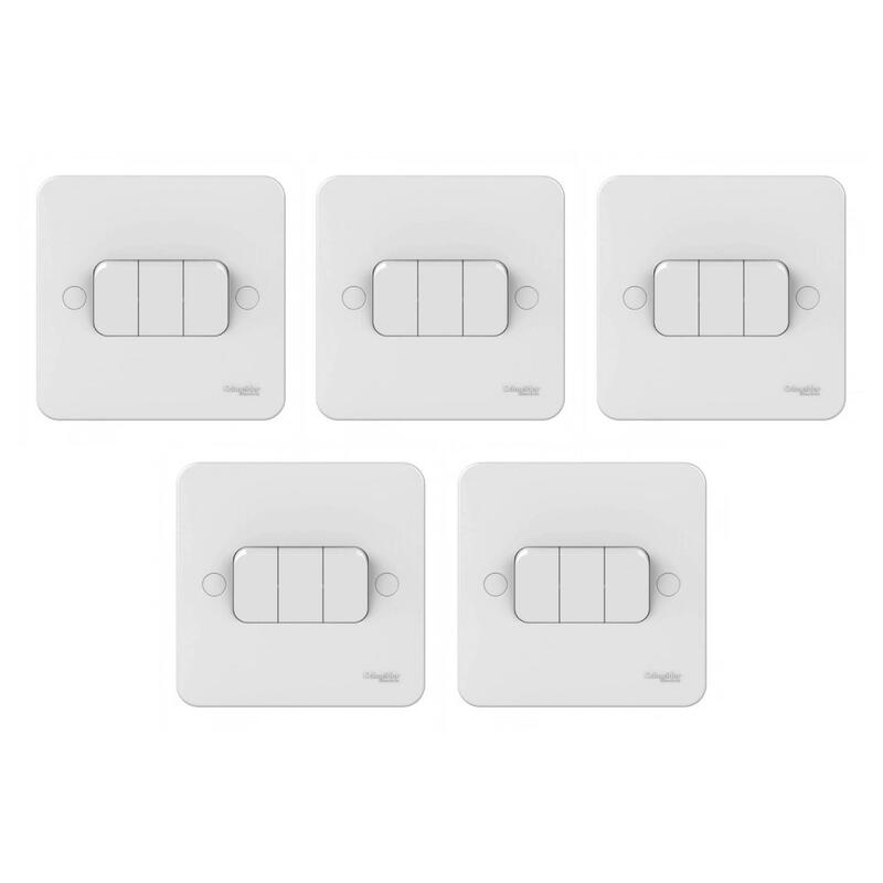 Schneider Electric GGBL1032 Lisse Plate Switch, 3 Gang, 2 Way, 10AX, White - Pack of 5