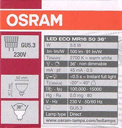 Osram Eco Mr16 Spot Light, 5.5W, 2700K, 10 Pieces, Warm White