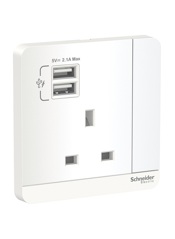 Schneider Electric AvatarOn 3P 13A 2 USB Charger + Switched Socket, White