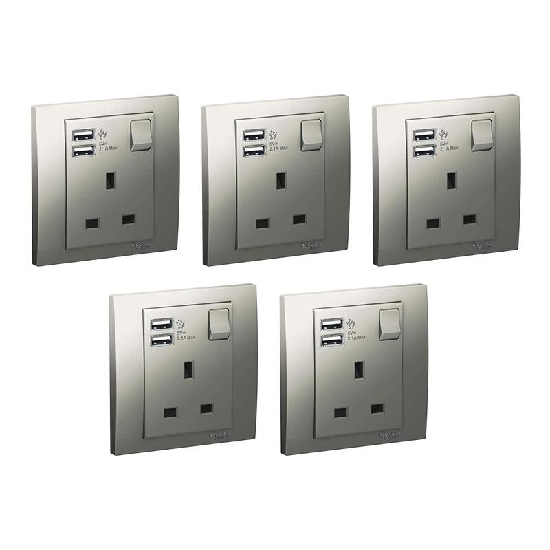 Schneider Electric KB15USB_AS Vivace Silver - Single 13A Socket combined 2 x USB ports 2.1 A - Pack of 5