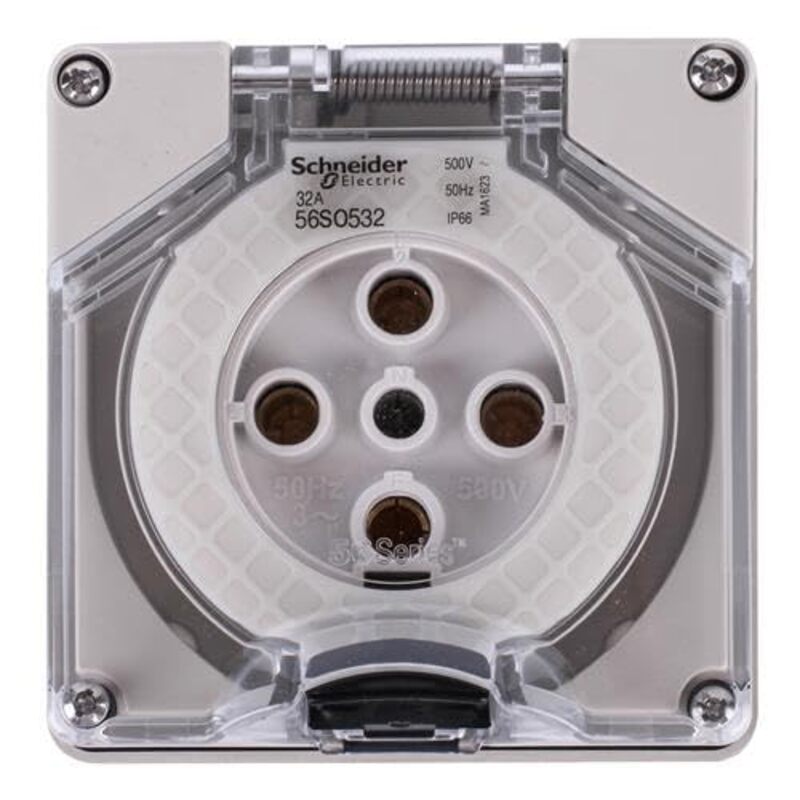 Schneider Electric S56 Surface Socket Outlet 500V 32A Triple Phase 5 Pole Ip66 Grey - S56SO532GY