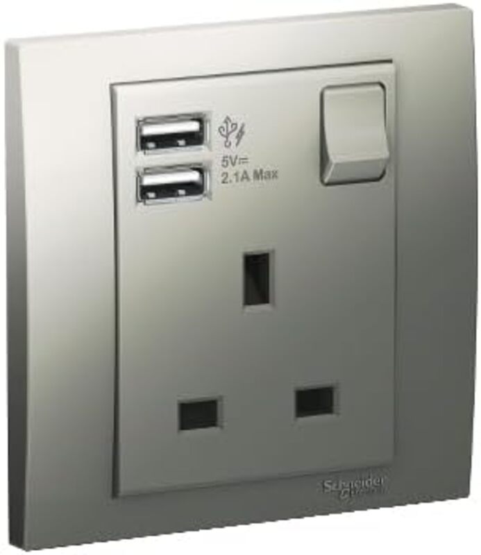 Schneider Electric 13A 1 Gang Switched Socket with 2.1A USB, Aluminium Silver - KB15USB_AS_G12