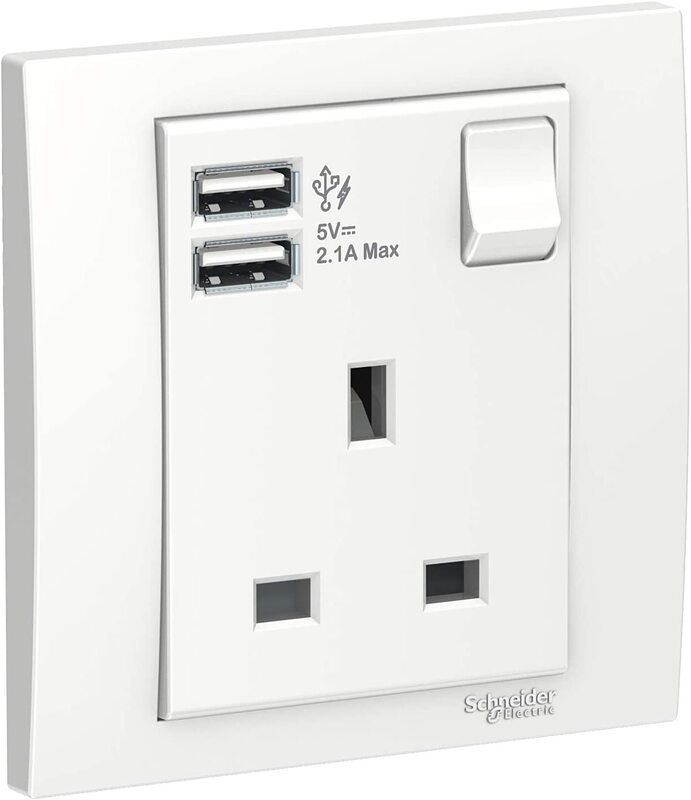 Schneider Electric KB15USB_WE Vivace White - Single 13A Socket combined 2 x USB ports 2.1 A