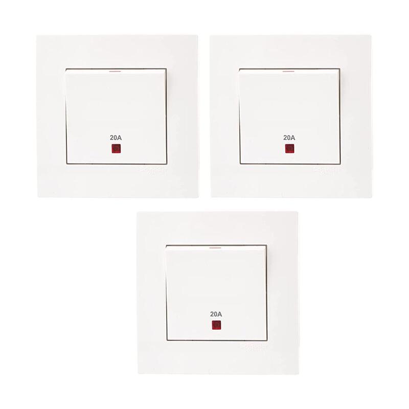 Schneider Electric KB31D20NER Vivace White - 20A 250V 1 Gang Double Pole Switch with Neon and Earth/Water Heater - Pack of 3