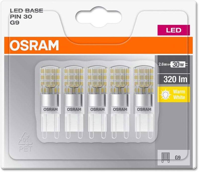 

Osram LED Base Pin G9 lamp, G9, 2.60 W, Replacement for 30W, Clear, Warm White, 2700 K, Pack of 5