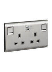 Schneider Electric Pieno 13A Twin Gang Switched Socket with 2.1A USB, E82T25USB_AS_G12, Aluminium Silver