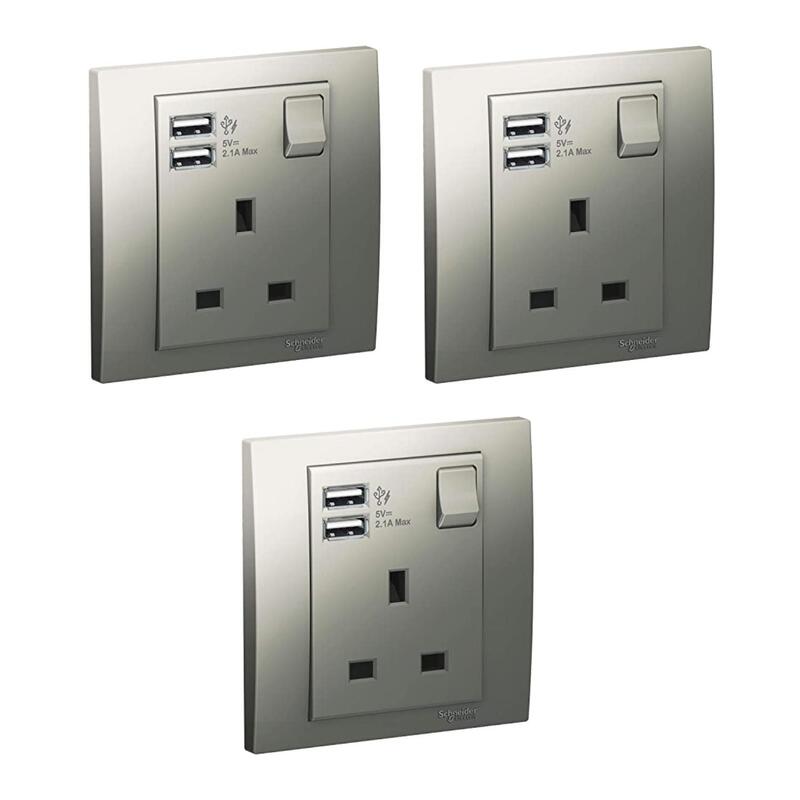 Schneider Electric KB15USB_AS Vivace Silver - Single 13A Socket combined 2 x USB ports 2.1 A - Pack of 3