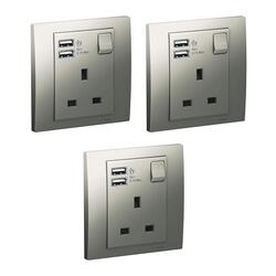 Schneider Electric KB15USB_AS Vivace Silver - Single 13A Socket combined 2 x USB ports 2.1 A - Pack of 3