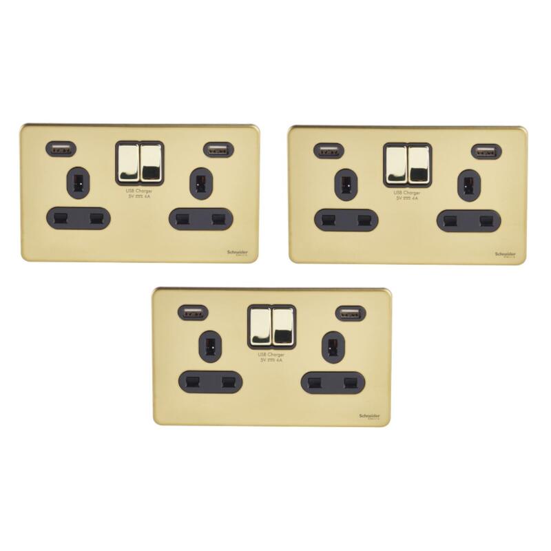 Schneider Electric Ultimate - Switched Socket 2 USB charger - 2 gang - 13A - polished brass - black - Pack of 3