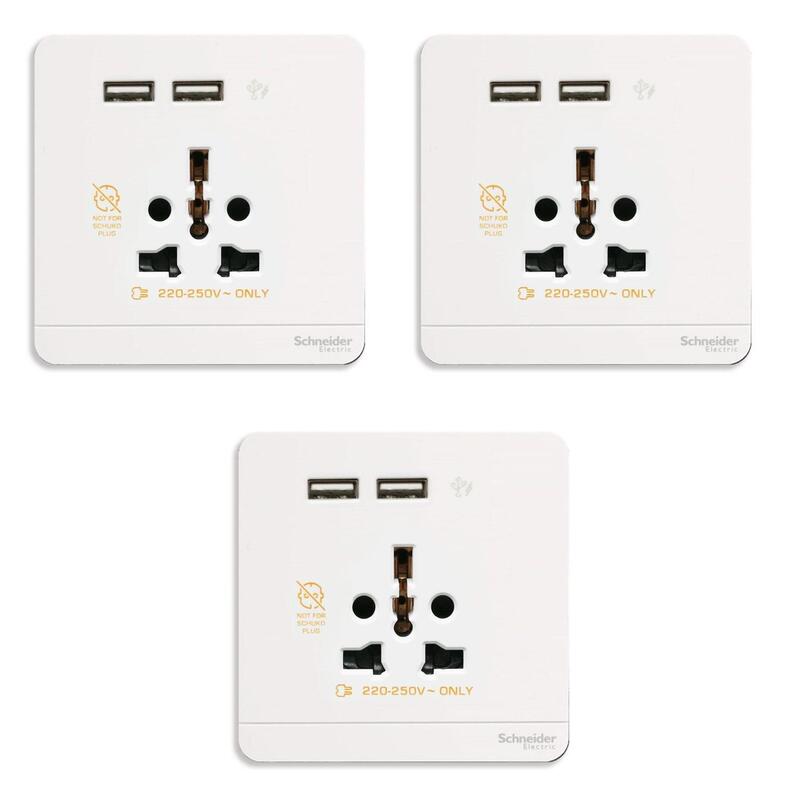 Schneider Electric AvatarOn, USB charger + 2 socket-outlet, 2P, 16A, White (Model Number-E8342616USB_WE) - Pack of 3