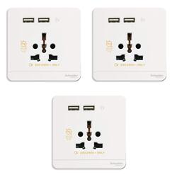 Schneider Electric AvatarOn, USB charger + 2 socket-outlet, 2P, 16A, White (Model Number-E8342616USB_WE) - Pack of 3