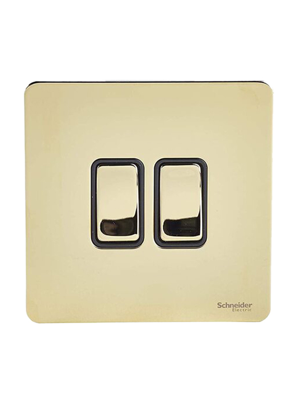 Schneider Electric Ultimate Screwless 2 Gang 1 Pole 2 Way Flat Plate Switch, GU1422BPB, Polished Brass with Black Interior