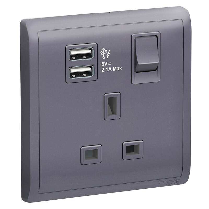 

Schneider Electric Pieno 13A 1 Gang Switched Socket with 2.1A USB, Lavender Silver , E8215USB_LS_G11