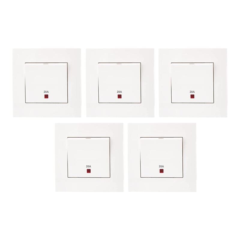 Schneider Electric KB31D20NER Vivace White - 20A 250V 1 Gang Double Pole Switch with Neon and Earth/Water Heater - Pack of 5