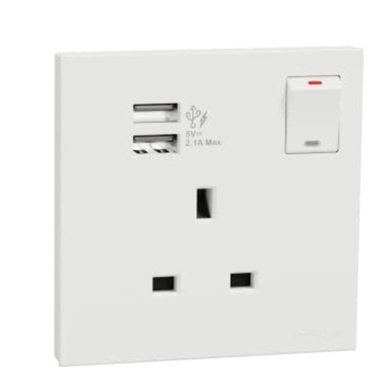 Schneider Electric Avataron C Switch Socket E8715USB_WE, 1 Gang, 13A White 2.1A Two Port USB