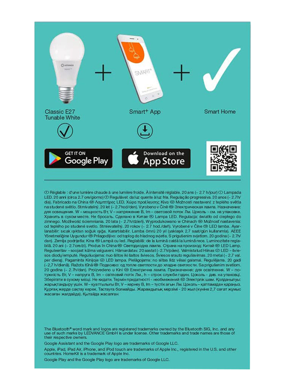 Ledvance LED Smart Bulb with Google, Alexa and Apple Voice Control, 60W, E27, White