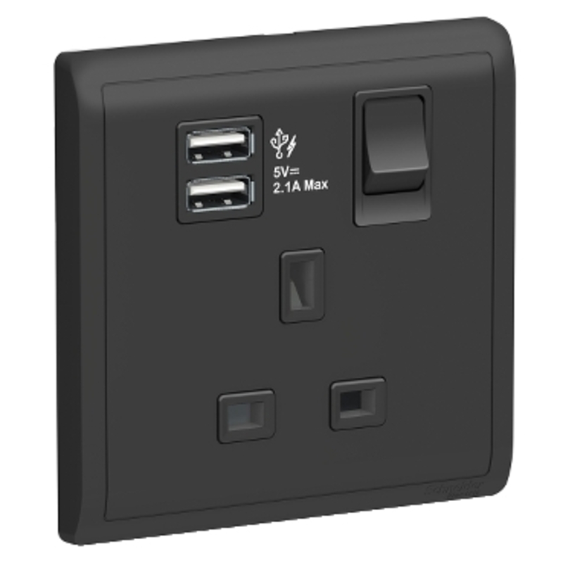 Schneider Electric 13A 1 Gang Switched Socket with 2.1A USB, Matt Black - E8215USB_MB_G12
