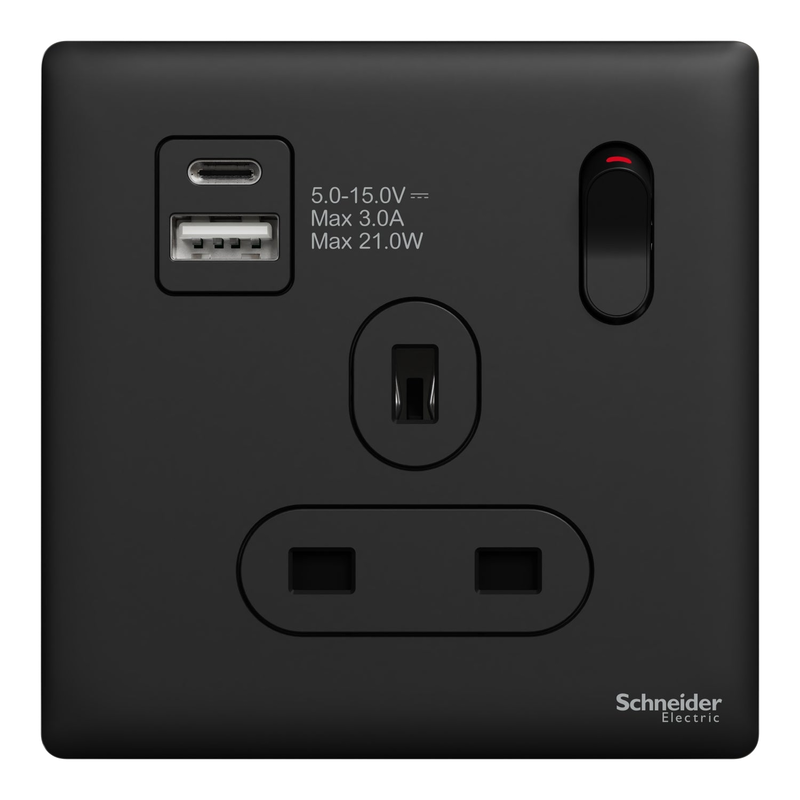 

Scheider Electric Schneider Electric Switched socket with USB, Unica X, 13A, 250V, 2 pole, type A+C, 21W, jet black - NUX15DACQUS_JB