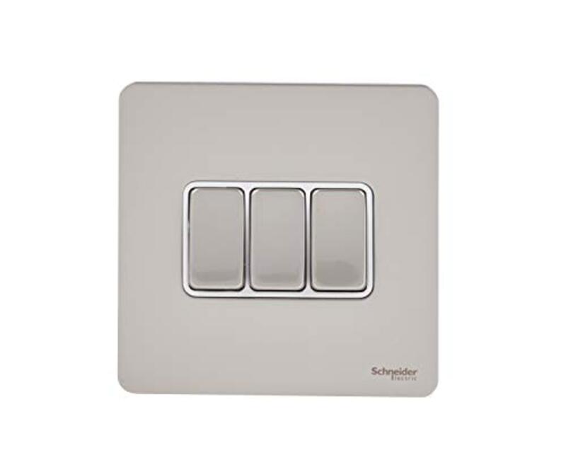 Schneider Electric Ultimate Screwless Flat Plate - 3 Gang Toggle 2 Way Light Switch, Single Pole, 16AX, GU1432WPN, Pearl Nickel with White Insert - Pack of 3