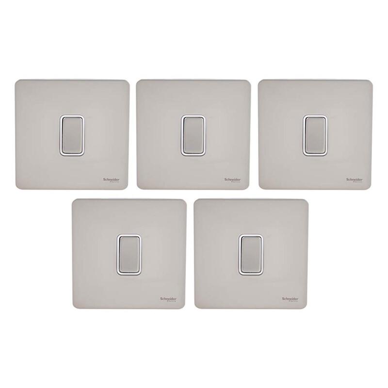 Schneider Electric Ultimate Screwless Flat Plate - Single Retractive 2 Way Light Switch, 16AX, GU1412RWPN, Pearl Nickel with White Insert - Pack of 5