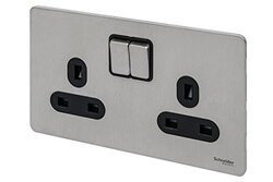 Schneider Electric GU3420-BSS 2-Gang 13A Ultimate Screwless Flat Plate Switched Socket, Stainless steel with Black - Pack of 5
