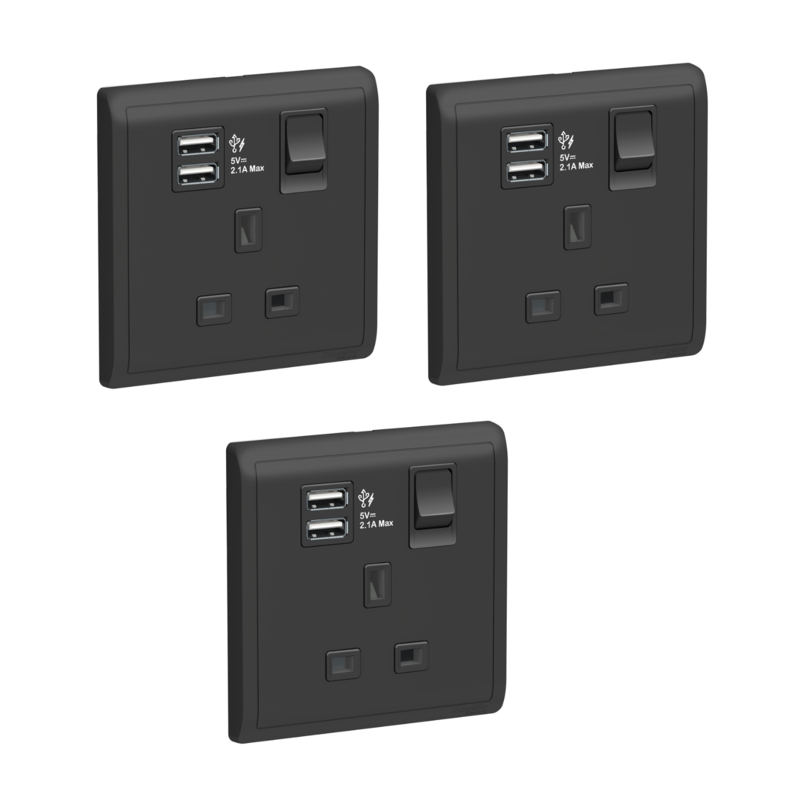 Schneider Electric 13A 1 Gang Switched Socket with 2.1A USB, Matt Black - E8215USB_MB_G12 - Pack of 3