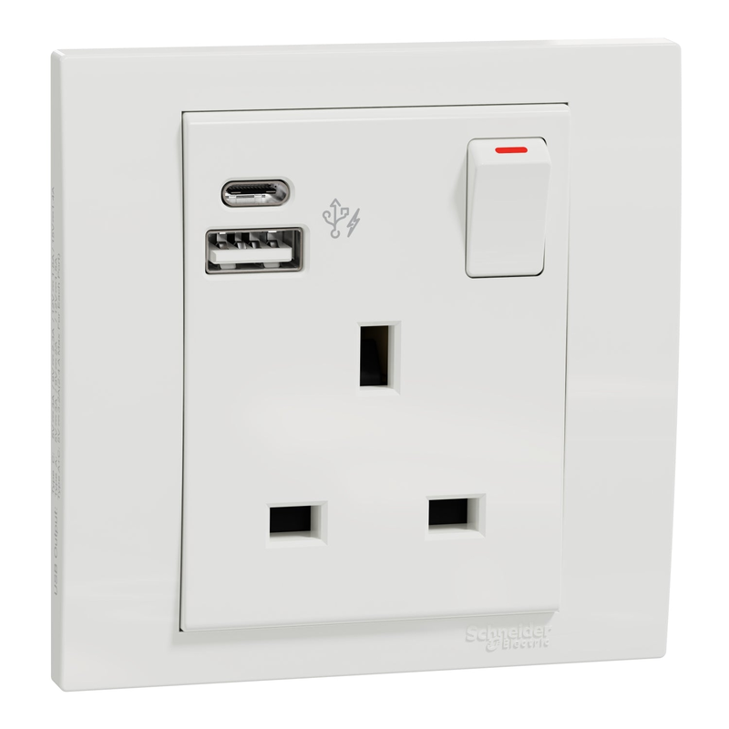 

Schneider Electric Vivace Switched Socket with USB Charger, 21W Type A+C, 13A, White , KB15DACUSB_WE