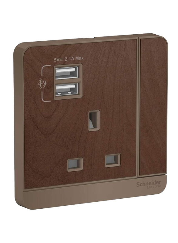 Schneider Electric AvatarOn 3P 13A Switched Socket 2 USB Charger 250V, E8315USB_WD_G12, Wood