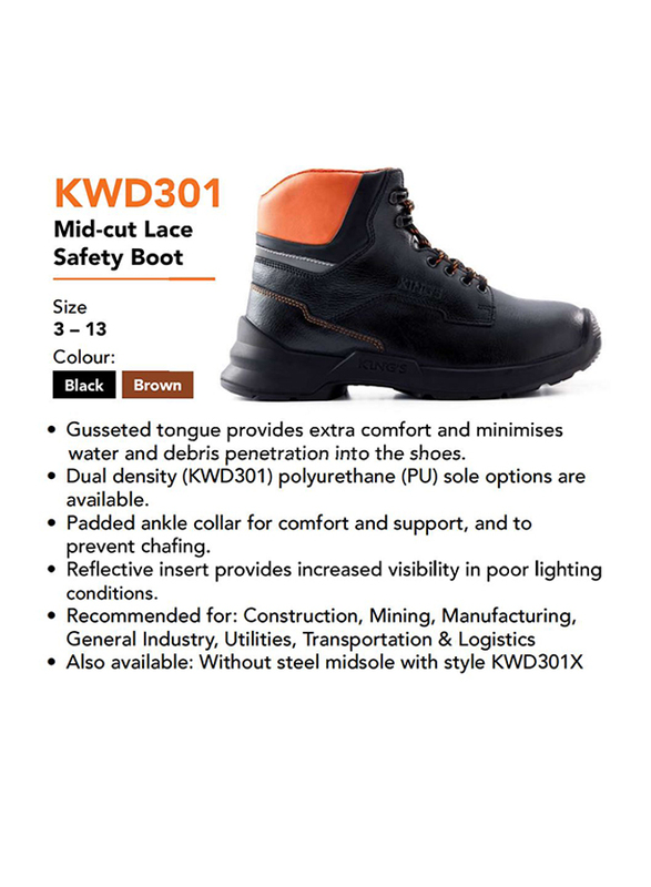 Honeywell Kings KWD301 Mid-Cut Lace Leather Safety Work Boots, Black, Size 5/38EU