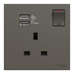 Schneider Electric Avataron C Switch Socket E8715USB_DG, 1 Gang, 13A Dark Grey 2.1A Two Port USB