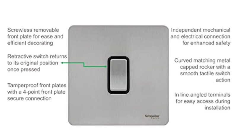 Schneider Electric Ultimate Screwless Flat Plate - Single Retractive 2 Way Light Switch, 16AX, GU1412RBSS, Stainless Steel with Black Insert - Pack of 5