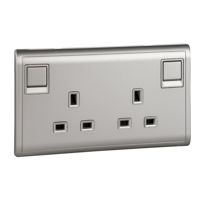 Schneider Electric 13A 250V 2Gang switched socket,Aluminium Silver - E82T25_AS_G1