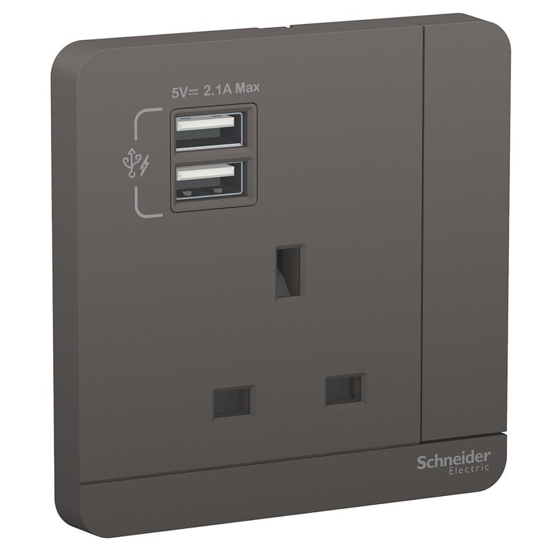 

Schneider Electric AvatarOn, 2 USB charger + switched socket, 3P, 13A, Dark Grey (Model Number -E8315USB_DG_G11)
