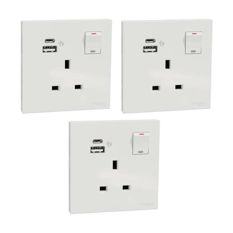 

Schneider Electric AvatarOn 13A 1,Gang Switched Socket with 21W USB Type A & C Charger, White , E8715DACUSB_WE , Pack of 3