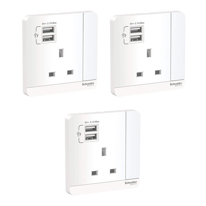 Schneider Electric E8315USB_WE_G12 AvatarOn 3P 13A 2 USB Charger + Switched Socket, White - Pack of 3