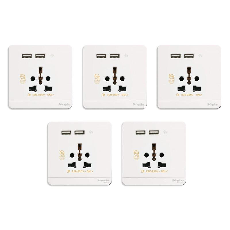 Schneider Electric AvatarOn, USB charger + 2 socket-outlet, 2P, 16A, White (Model Number-E8342616USB_WE) - Pack of 5