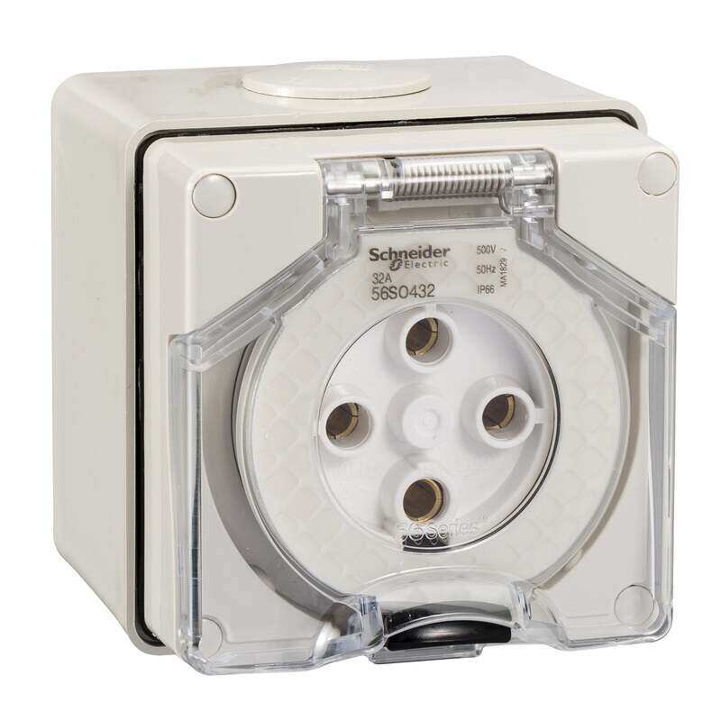 

Schneider Electric WPS Socket,Outlet, 30A, 500V, 3,Phase, 5,Pole, Round Pin, IP66 , S56SO432GY
