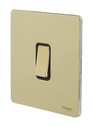 Schneider Electric Ultimate Screwless 10A 1 Gang 2 Way Flat Plate Retractive Bell Switch, GU1412R-BPB, Polished Brass with Black Insert