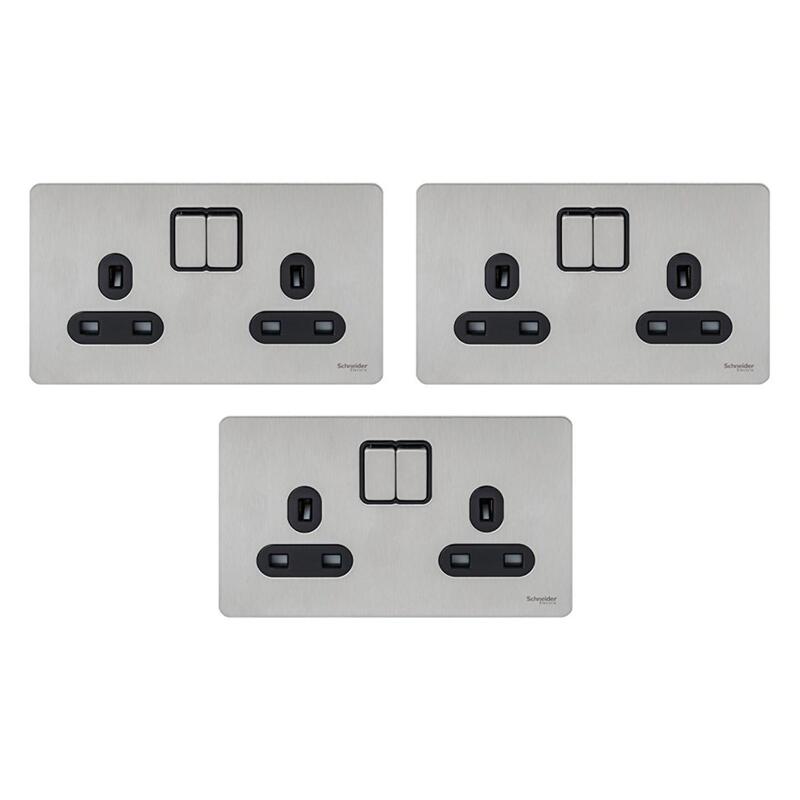 Schneider Electric GU3420-BSS 2-Gang 13A Ultimate Screwless Flat Plate Switched Socket, Stainless steel with Black - Pack of 3