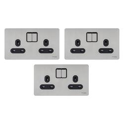 Schneider Electric GU3420-BSS 2-Gang 13A Ultimate Screwless Flat Plate Switched Socket, Stainless steel with Black - Pack of 3