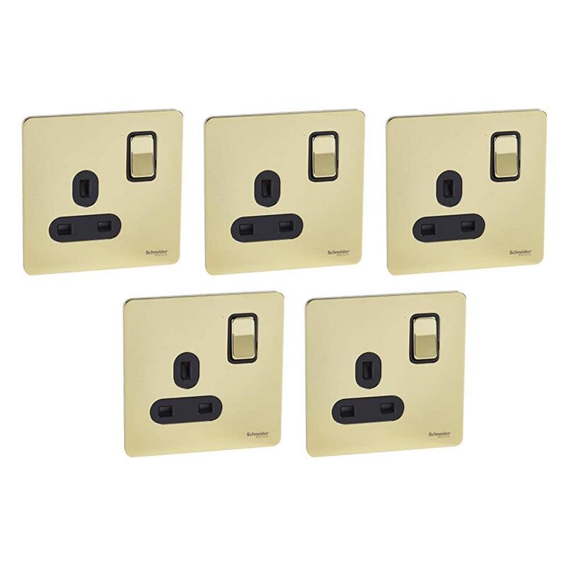 Schneider Electric GU3410-BPB 13A 1-Gang Ultimate Screwless Flat Plate Switched Socket, Brass - Pack of 5