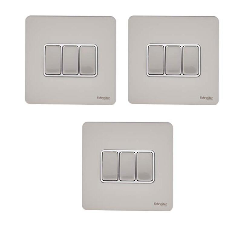 Schneider Electric Ultimate Screwless Flat Plate - 3 Gang Toggle 2 Way Light Switch, Single Pole, 16AX, GU1432WPN, Pearl Nickel with White Insert - Pack of 3