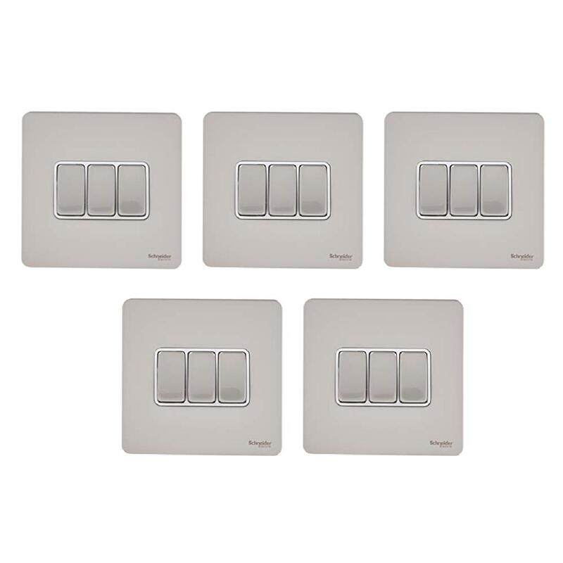 

Schneider Electric Ultimate Screwless Flat Plate - 3 Gang Toggle 2 Way Light Switch, Single Pole, 16AX, GU1432WPN, Pearl Nickel with White Insert - Pa